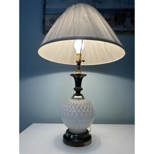 Vintage Hollywood Regency Quilted Hobnail Milkglass Lamp with Brass MCM